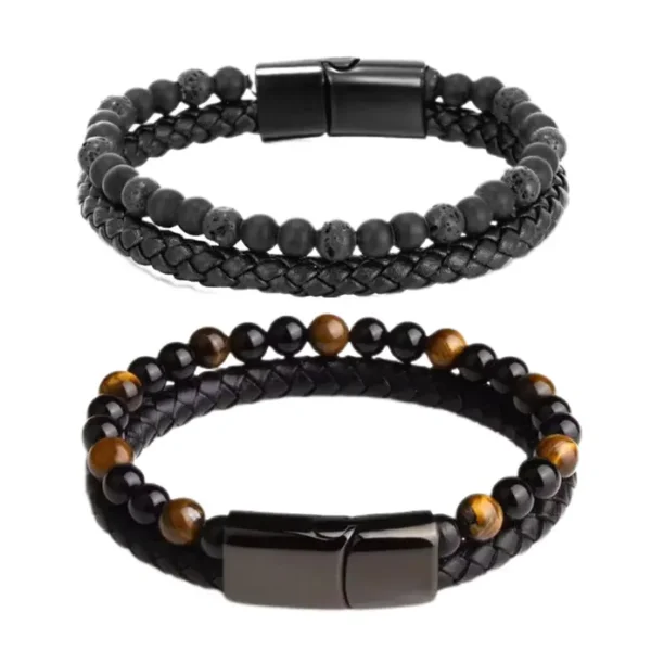 Histone Natural Agate Stone Leather Beaded Bracelet - Image 12