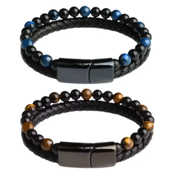 Histone Natural Agate Stone Leather Beaded Bracelet - Image 15